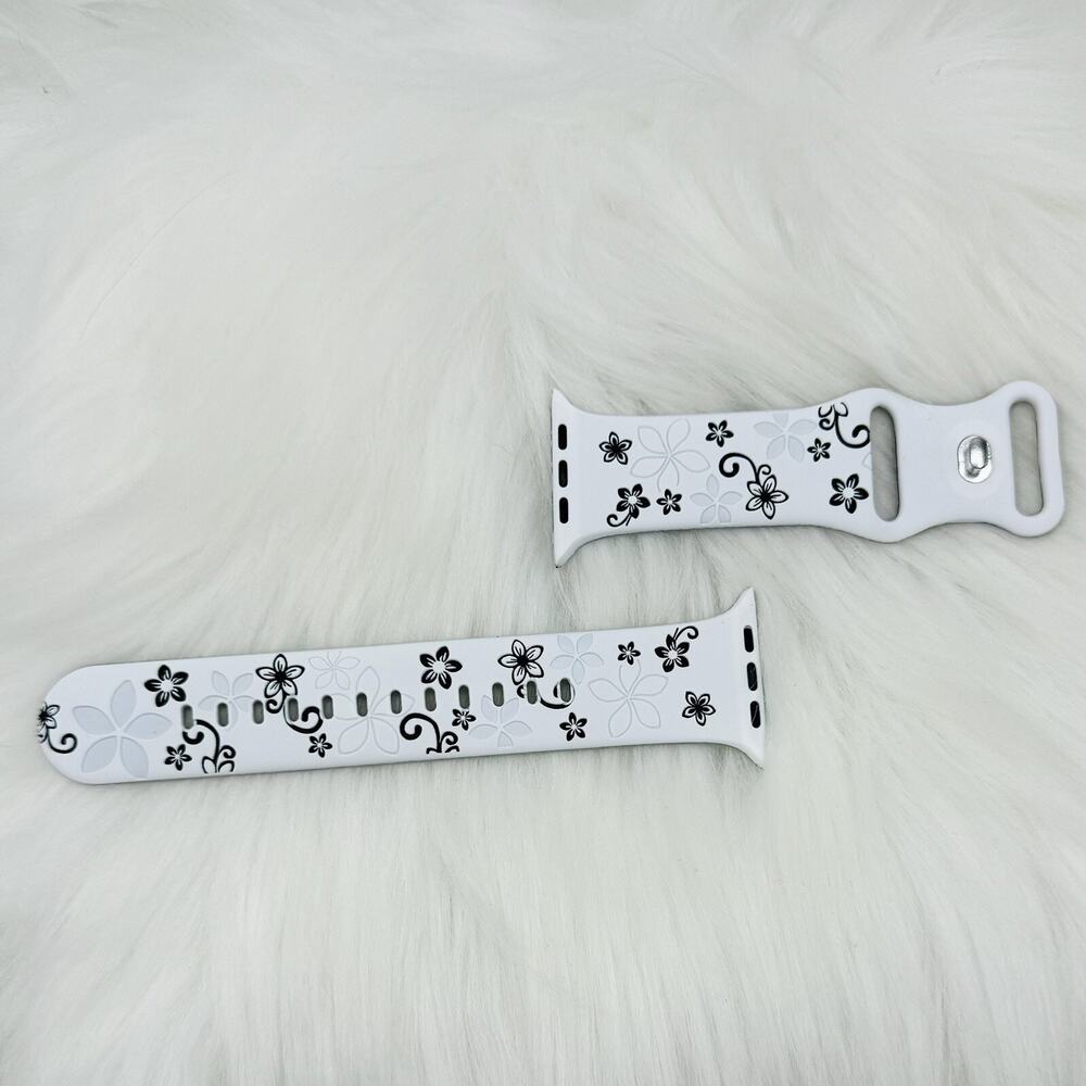 New Floral Design Apple Watch Bands 42mm 44mm 45mm 49mm Black and White - Picture 3 of 7